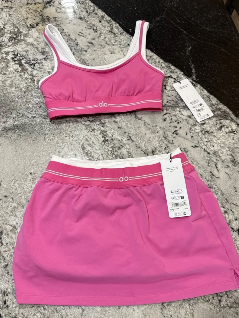 ALO Yoga Paradise Pink and White Scoop-Neck Sports Bra and Skirt!! Set